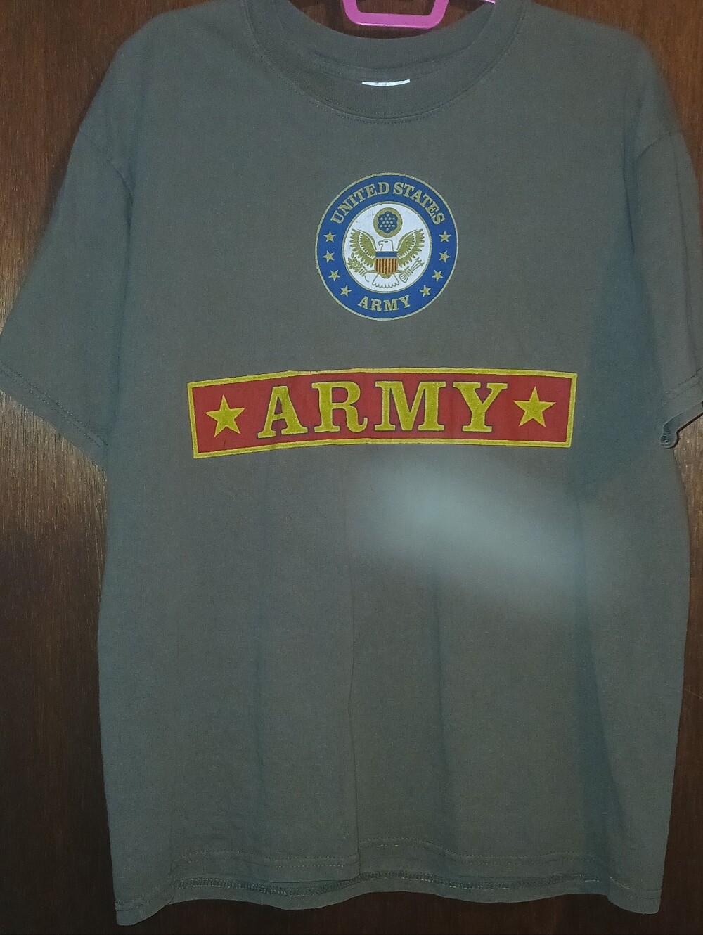 Large US Army T-Shirt in Olive/Brown w/ Red + Yellow "ARMY" Logo + Eagle Emblem